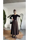 Kadın Kahverengi Maxi Boy Kemerli Uzun Etek Kadın Yüksek Bel Pileli