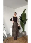 Kadın Kahve Ekoseli Maxi Boy Kemerli Uzun Etek Kadın Yüksek Bel Pileli