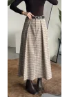 Kadın Krem Ekoseli Maxi Boy Kemerli Uzun Etek Kadın Yüksek Bel Pileli