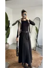 Kadın Siyah Maxi Boy Kemerli Uzun Etek Kadın Yüksek Bel Pileli