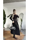 Kadın Siyah Maxi Boy Kemerli Uzun Etek Kadın Yüksek Bel Pileli