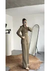 Kadın Haki Blazer Ceket Pantolon Takım Kemer Detaylı