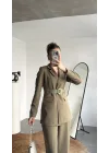 Kadın Haki Blazer Ceket Pantolon Takım Kemer Detaylı