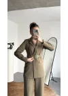 Kadın Haki Blazer Ceket Pantolon Takım Kemer Detaylı