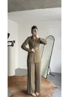 Kadın Haki Blazer Ceket Pantolon Takım Kemer Detaylı