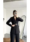 Kadın Siyah Blazer Ceket Pantolon Takım Kemer Detaylı