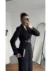 Kadın Siyah Blazer Ceket Pantolon Takım Kemer Detaylı