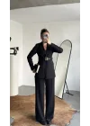 Kadın Siyah Blazer Ceket Pantolon Takım Kemer Detaylı