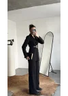 Kadın Siyah Blazer Ceket Pantolon Takım Kemer Detaylı