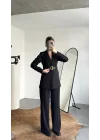 Kadın Siyah Blazer Ceket Pantolon Takım Kemer Detaylı
