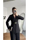 Kadın Siyah Blazer Ceket Pantolon Takım Kemer Detaylı