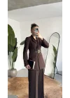 Kadın Kahverengi Blazer Ceket Pantolon Takım Kemer Detaylı