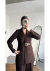 Kadın Kahverengi Blazer Ceket Pantolon Takım Kemer Detaylı