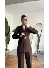 Kadın Kahverengi Blazer Ceket Pantolon Takım Kemer Detaylı