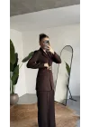 Kadın Kahverengi Blazer Ceket Pantolon Takım Kemer Detaylı