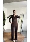 Kadın Kahverengi Blazer Ceket Pantolon Takım Kemer Detaylı