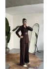 Kadın Kahverengi Blazer Ceket Pantolon Takım Kemer Detaylı