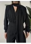 Kadın Siyah Şal Yaka Drapeli Bluz Uzun Kollu Şık Ofis Bluz