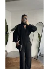 Kadın Siyah Şal Yaka Drapeli Bluz Uzun Kollu Şık Ofis Bluz