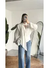 Kadın Beyaz Şal Yaka Drapeli Bluz Uzun Kollu Şık Ofis Bluz