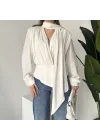 Kadın Beyaz Şal Yaka Drapeli Bluz Uzun Kollu Şık Ofis Bluz