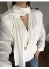 Kadın Beyaz Şal Yaka Drapeli Bluz Uzun Kollu Şık Ofis Bluz