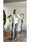 Kadın Beyaz Şal Yaka Drapeli Bluz Uzun Kollu Şık Ofis Bluz