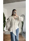 Kadın Beyaz Şal Yaka Drapeli Bluz Uzun Kollu Şık Ofis Bluz