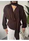 Kadın Kahverengi Şal Yaka Drapeli Bluz Uzun Kollu Şık Ofis Bluz