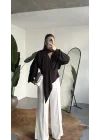 Kadın Kahverengi Şal Yaka Drapeli Bluz Uzun Kollu Şık Ofis Bluz