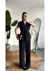 Kadın Siyah Düğmeli Bağlamalı Yelek Pileli Palazzo Pantolon Takım Bağlama Detaylı Şık İkili Takım