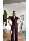 Kadın Bordo Düğmeli Bağlamalı Yelek Pileli Palazzo Pantolon Takım Bağlama Detaylı Şık İkili Takım