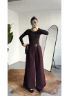 Kadın Bordo Gizli Kemerli Ekstra Bol Wide Leg Pantolon Yüksek Bel
