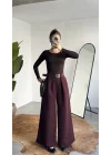 Kadın Bordo Gizli Kemerli Ekstra Bol Wide Leg Pantolon Yüksek Bel