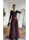 Kadın Bordo Gizli Kemerli Ekstra Bol Wide Leg Pantolon Yüksek Bel
