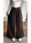 Kadın Kahverengi Gizli Kemerli Ekstra Bol Wide Leg Pantolon Yüksek Bel