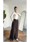 Kadın Kahverengi Gizli Kemerli Ekstra Bol Wide Leg Pantolon Yüksek Bel