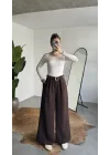 Kadın Kahverengi Gizli Kemerli Ekstra Bol Wide Leg Pantolon Yüksek Bel