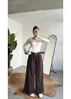 Kadın Kahverengi Gizli Kemerli Ekstra Bol Wide Leg Pantolon Yüksek Bel