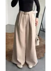Kadın Krem Gizli Kemerli Ekstra Bol Wide Leg Pantolon Yüksek Bel