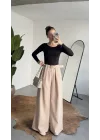 Kadın Krem Gizli Kemerli Ekstra Bol Wide Leg Pantolon Yüksek Bel