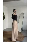 Kadın Krem Gizli Kemerli Ekstra Bol Wide Leg Pantolon Yüksek Bel