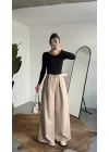 Kadın Krem Gizli Kemerli Ekstra Bol Wide Leg Pantolon Yüksek Bel