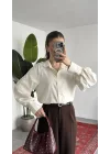 Kadın Ekru Oversize Modal Tensel Kumaş Gömlek Uzun Kollu Salaş Kesim Düğmeli Günlük Şık Gömlek