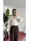 Kadın Ekru Oversize Modal Tensel Kumaş Gömlek Uzun Kollu Salaş Kesim Düğmeli Günlük Şık Gömlek