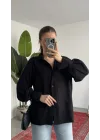 Kadın Siyah Oversize Modal Tensel Kumaş Gömlek Uzun Kollu Salaş Kesim Düğmeli Günlük Şık Gömlek