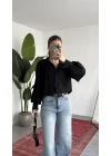 Kadın Siyah Oversize Modal Tensel Kumaş Gömlek Uzun Kollu Salaş Kesim Düğmeli Günlük Şık Gömlek