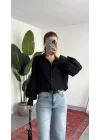 Kadın Siyah Oversize Modal Tensel Kumaş Gömlek Uzun Kollu Salaş Kesim Düğmeli Günlük Şık Gömlek