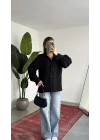 Kadın Siyah Oversize Modal Tensel Kumaş Gömlek Uzun Kollu Salaş Kesim Düğmeli Günlük Şık Gömlek