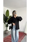 Kadın Siyah Oversize Modal Tensel Kumaş Gömlek Uzun Kollu Salaş Kesim Düğmeli Günlük Şık Gömlek